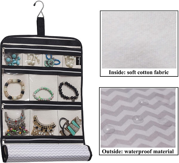 MISSLO Hanging Jewelry Organizer Travel Foldable Jewelry Roll Storage