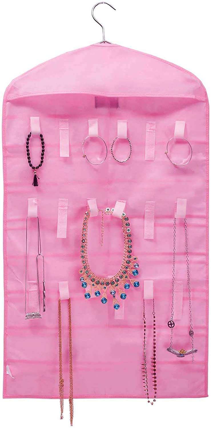 Misslo Pink Jewelry Hanging Nonwoven Organizer Holder 32 Pockets 18 Hook and Loops