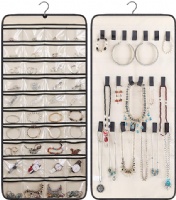 MISSLO Dual-Sided Hanging Jewelry Organizer with 40 Pockets and 20 Hook & Loops Closet Necklace Holder for Earring Bracelet Ring Chain with Rotating Hanger, Beige