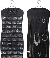 MISSLO Dual sided Hanging Jewelry Organizer with 40 Pockets and 24 Hook & Loops Closet Necklace Holder for Earring Bracelet Ring Chain with Hanger, Black