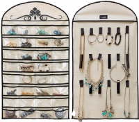 MISSLO Hanging Jewelry Organizer Holder 32 Pockets 18 Loops for Accessories Storage, Beige