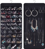 MISSLO Dual-sided Hanging Jewelry Organizer with 40 Pockets and 20 Hook & Loops Closet Necklace Holder for Earring Bracelet Ring Chain with Rotating Hanger, Black
