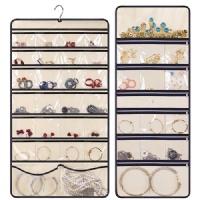 MISSLO Dual-Sided Hanging Jewelry Organizer 2 in 1 with Large Opening and Zippered Pockets for Closet Storage and Traveling, Earring Necklace Accessories Holder with Hanger, Beige