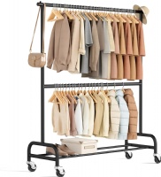 MISSLO Heavy Duty Clothes Rack for Hanging Clothes Rolling Clothing Rack Heavy Duty on Wheels for Coat, Garment, Matte Black (Double Rod)