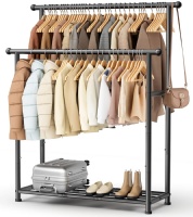 MISSLO Double Rods Garment Rack Heavy Duty Clothing Rack for Hanging Clothes Portable Clothes Organizer for Bedroom, Living Room, Clothing Store (Matte Black)