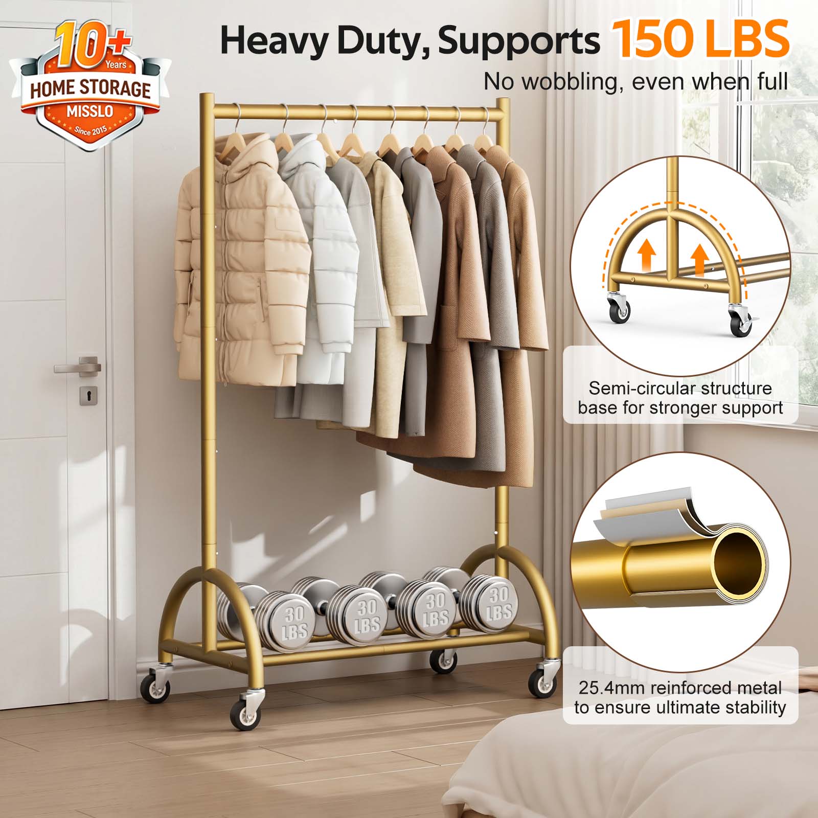 MISSLO Heavy Duty Clothing Rack with Wheels Rolling Clothes Racks for Hanging Clothes, Coats, Garment, Dress, Gold, 28" W - Image 3