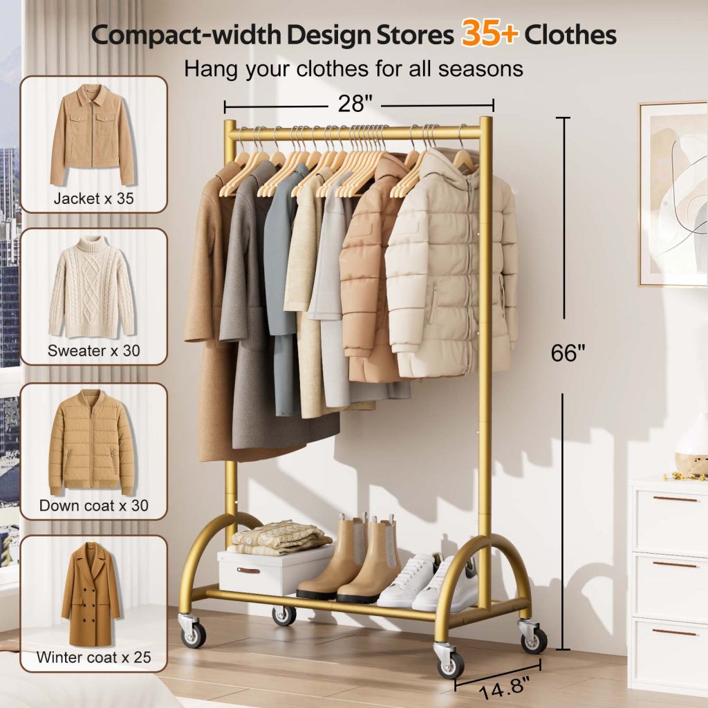 MISSLO Heavy Duty Clothing Rack with Wheels Rolling Clothes Racks for ...