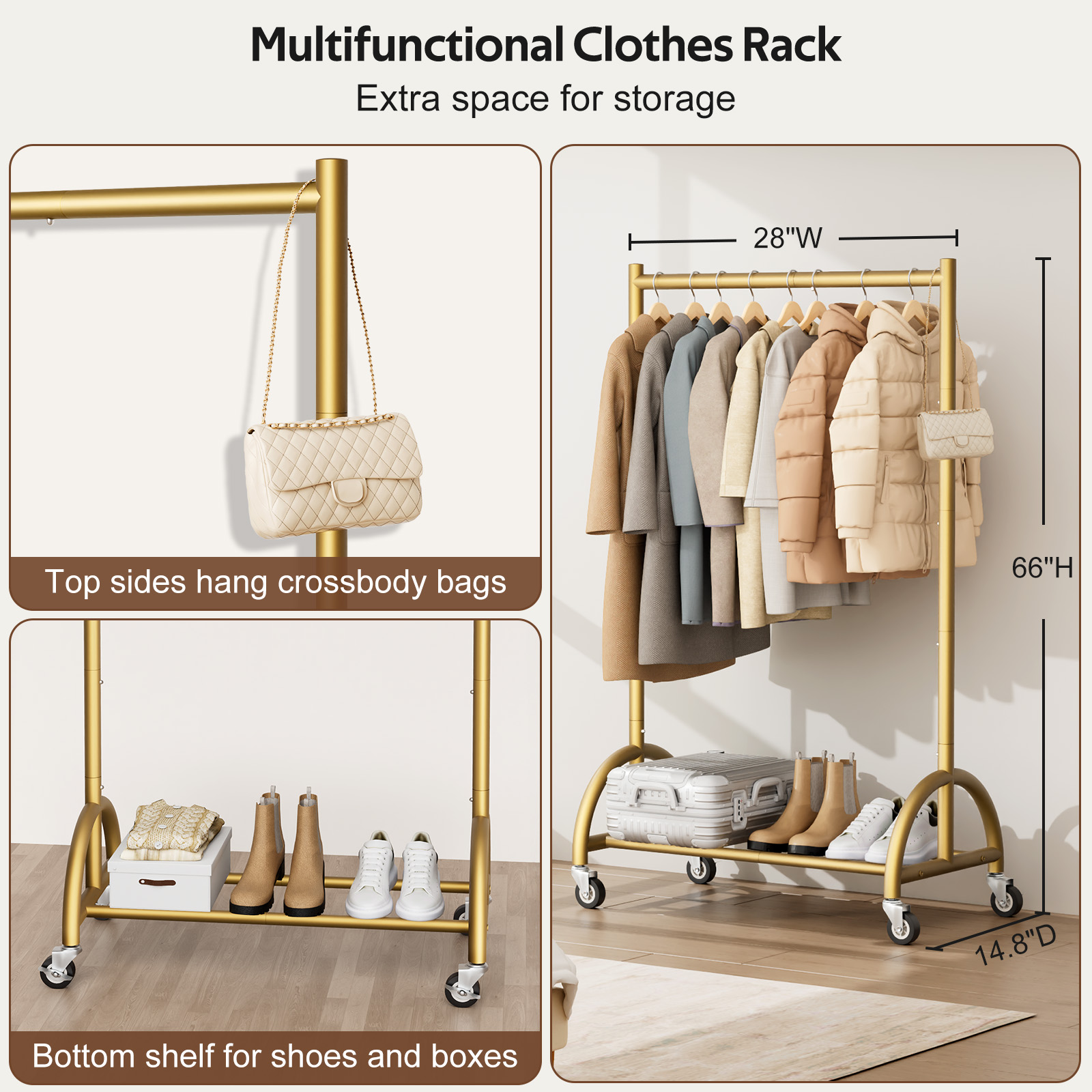 MISSLO Heavy Duty Clothing Rack with Wheels Rolling Clothes Racks for Hanging Clothes, Coats, Garment, Dress, Gold, 28" W - Image 5