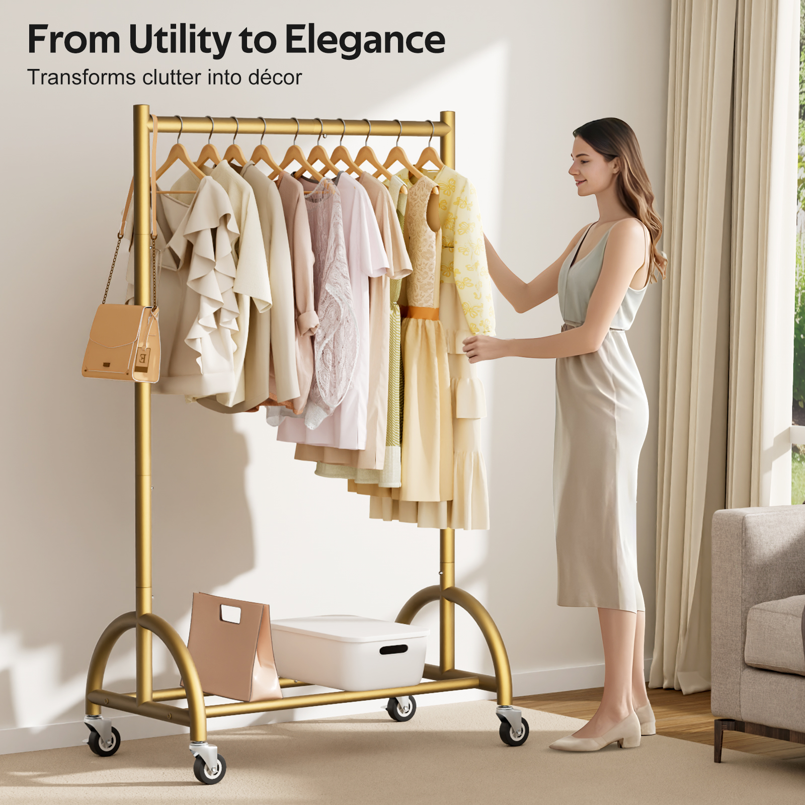 MISSLO Heavy Duty Clothing Rack with Wheels Rolling Clothes Racks for Hanging Clothes, Coats, Garment, Dress, Gold, 28" W - Image 4