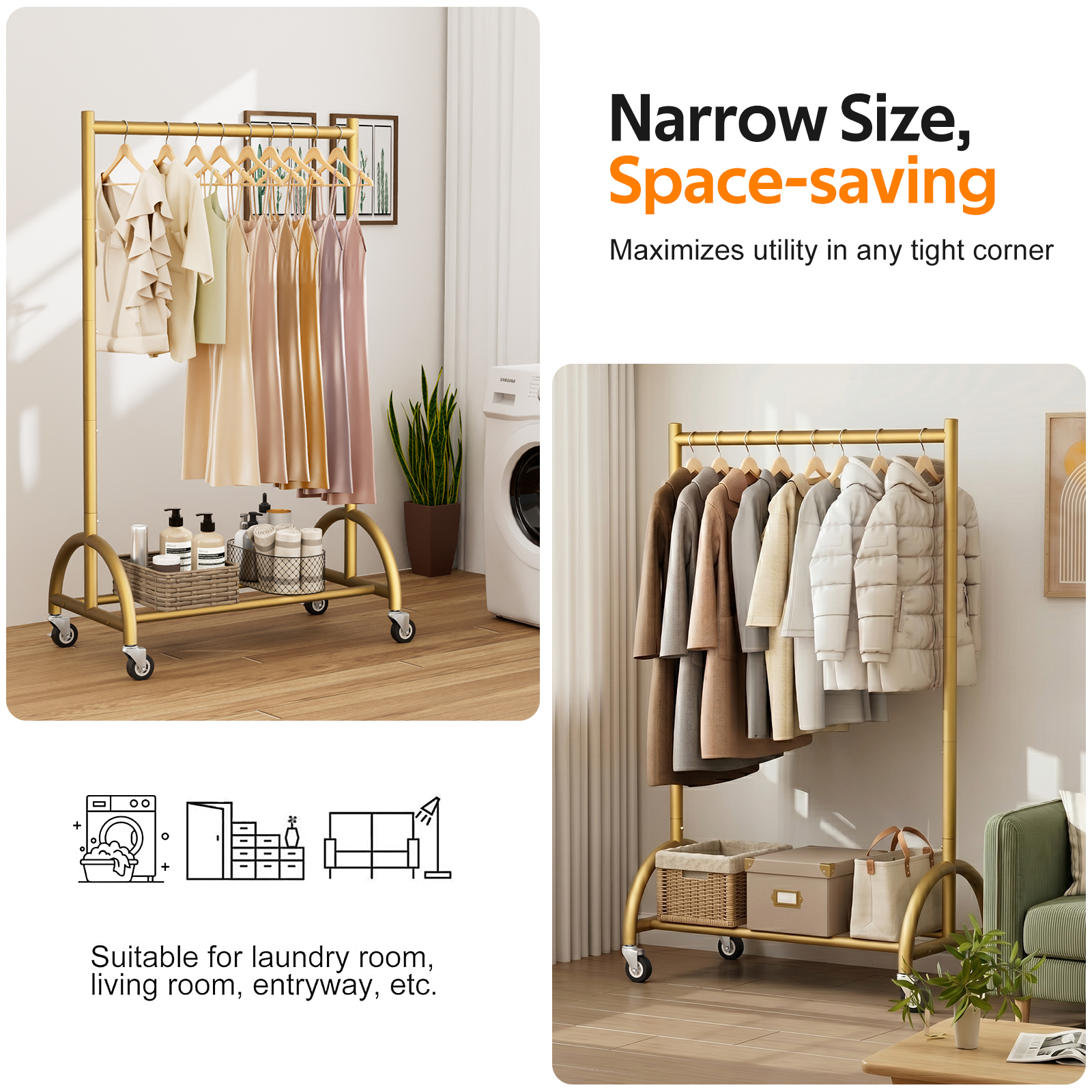 MISSLO Heavy Duty Clothing Rack with Wheels Rolling Clothes Racks for Hanging Clothes, Coats, Garment, Dress, Gold, 28" W - Image 6