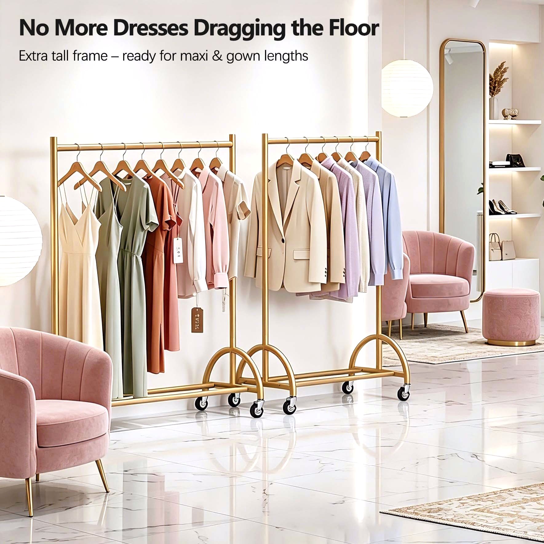 MISSLO Heavy Duty Clothing Rack with Wheels Rolling Clothes Racks for Hanging Clothes, Coats, Garment, Dress, Gold, 28" W - Image 8