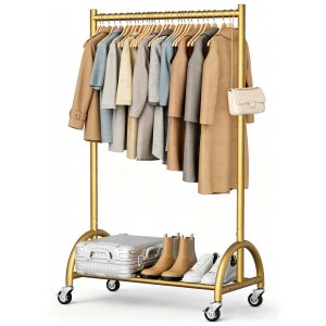 MISSLO Heavy Duty Clothing Rack with Wheels Rolling Clothes Racks for Hanging Clothes, Coats, Garment, Dress, Gold, 28" W