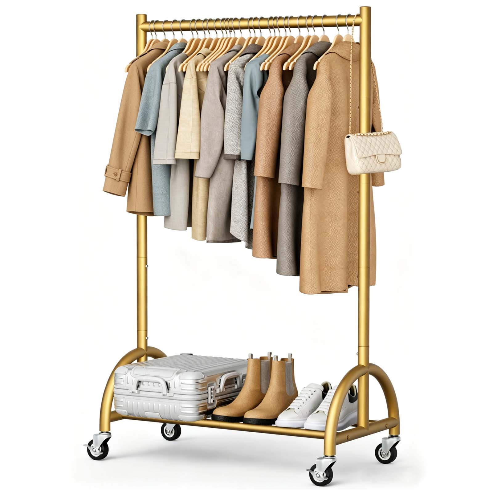 MISSLO Heavy Duty Clothing Rack with Wheels Rolling Clothes Racks for Hanging Clothes, Coats, Garment, Dress, Gold, 28" W