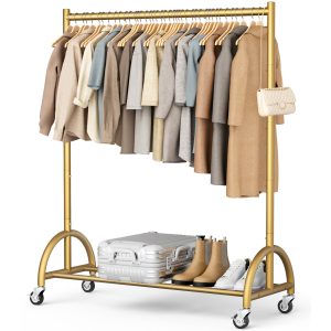 MISSLO Heavy Duty Clothing Rack with Wheels Rolling Clothes Racks for Hanging Clothes, Coats, Garment, Dress, Gold