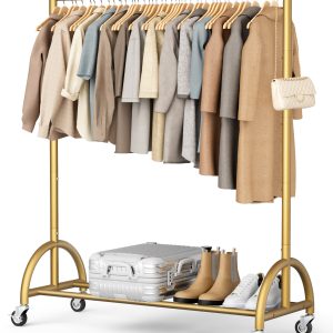 MISSLO Heavy Duty Clothing Rack with Wheels Rolling Clothes Racks for Hanging Clothes, Coats, Garment, Dress, Gold