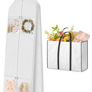 MISSLO Portable 70" Wedding Dress Garment Bag with Bride Tote Bag 8'' Gusseted Dress Bags for Gowns Long 4 Pockets Dress Cover for Women, White
