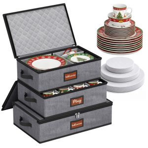 MISSLO Large Capacity China Storage Containers Hard Shell Plate Storage Containers, Kitchen Packing Moving Boxes for Dishes, Dinnerwares, Mugs Protectors, Grey, 3 Piece Set