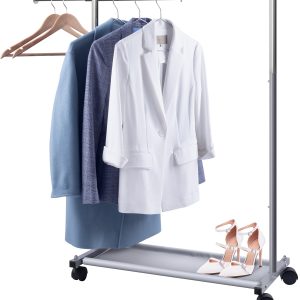 MISSLO Short Clothing Racks for Hanging Clothes with Bottom Shelves and Wheels Heavy Duty Rolling Clothes Rack Kids Clothing Rack for Adult Coat, Closet, Wardrobe (Silver)