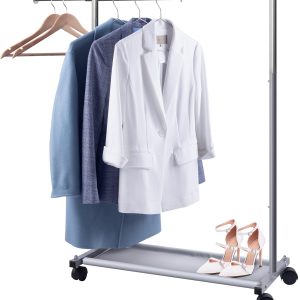 MISSLO Short Clothing Racks for Hanging Clothes with Bottom Shelves and Wheels Heavy Duty Rolling Clothes Rack Kids Clothing Rack for Adult Coat, Closet, Wardrobe (Silver)