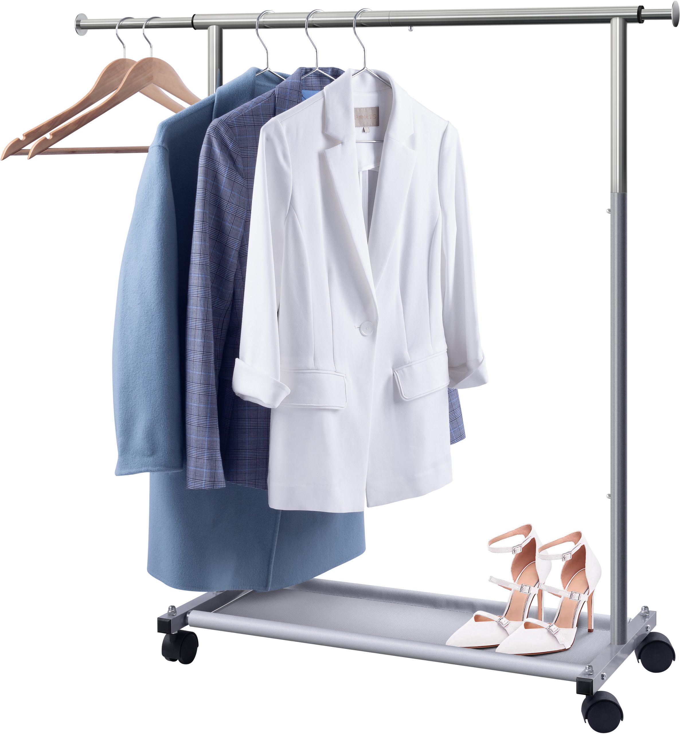 MISSLO Short Clothing Racks for Hanging Clothes with Bottom Shelves and Wheels Heavy Duty Rolling Clothes Rack Kids Clothing Rack for Adult Coat, Closet, Wardrobe (Silver)