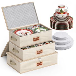 MISSLO Large Capacity China Storage Containers Hard Shell Plate Storage Containers, Kitchen Packing Moving Boxes for Dishes, Dinnerwares, Mugs Protectors, Beige, 3 Piece Set