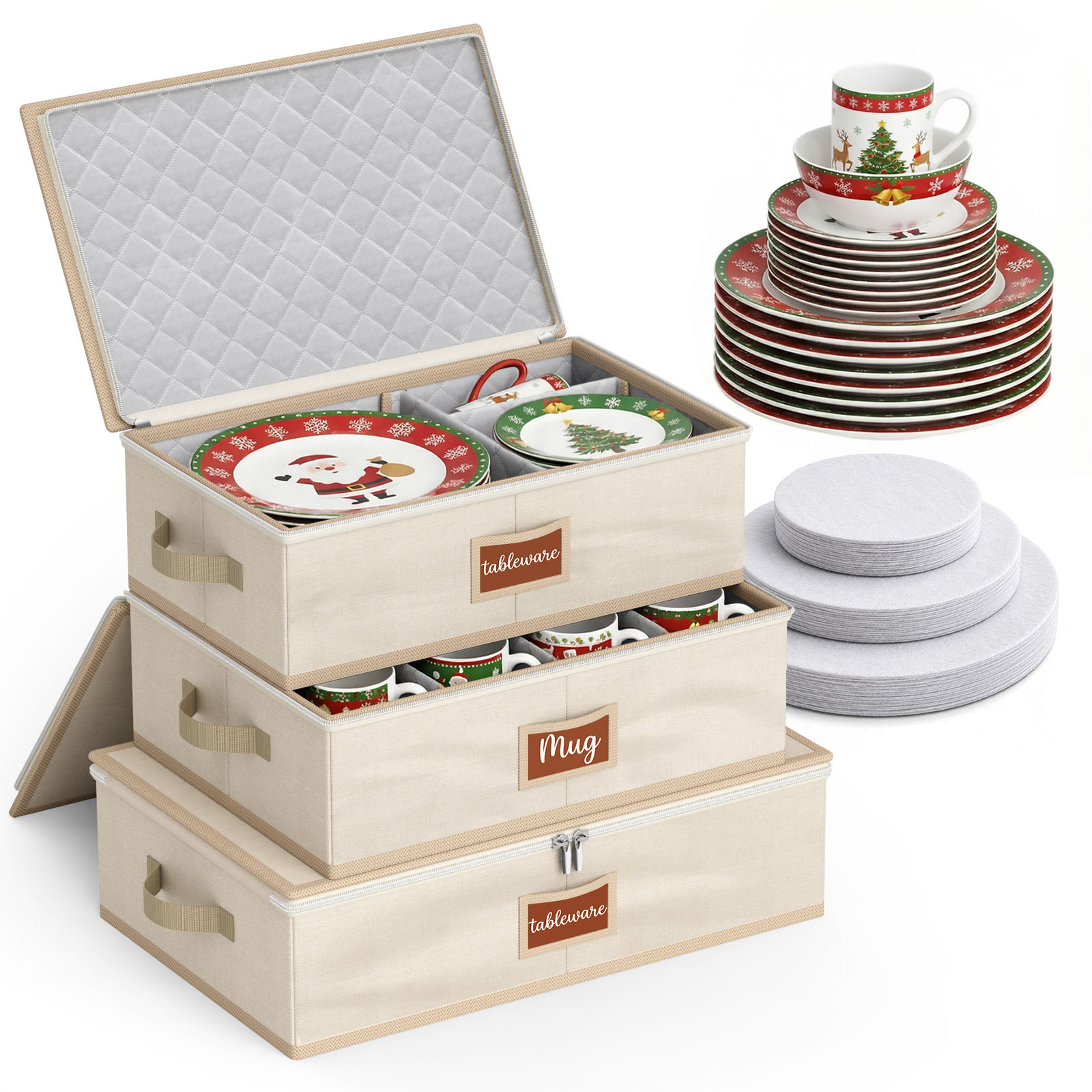 MISSLO Large Capacity China Storage Containers Hard Shell Plate Storage Containers, Kitchen Packing Moving Boxes for Dishes, Dinnerwares, Mugs Protectors, Beige, 3 Piece Set