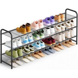 MISSLO Long Shoe Rack for Closet Metal Stackable Shoe Organizer for Closet Wide Closet Shoe Rack for Entryway Wire Shoe Storage 3 Tier Extra Large Shoes Shelf for Entryway, Closet Floor, Black