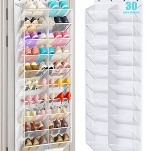 MISSLO 30 Pairs Over the Door Shoe Organizer Breathable Mesh Hanging Shoe Rack for Closet Storage with Wide Deep Pockets 10 Tier Shoes Holder Fit All the Family's Sneakers, Boots, Heels (White, 71")