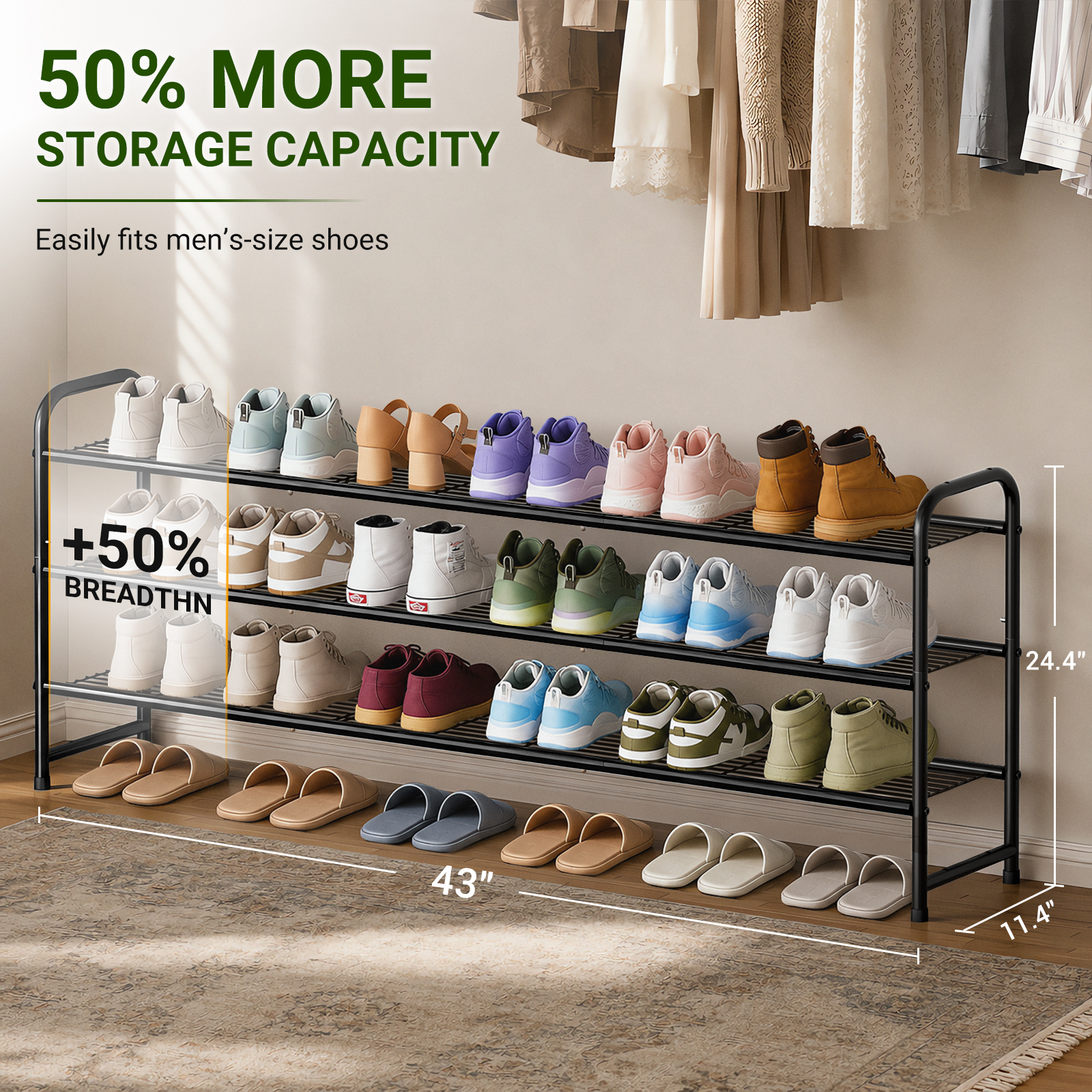 MISSLO Long Shoe Rack for Closet Metal Stackable Shoe Organizer for Closet Wide Closet Shoe Rack for Entryway Wire Shoe Storage 3 Tier Extra Large Shoes Shelf for Entryway, Closet Floor, Black - Image 2