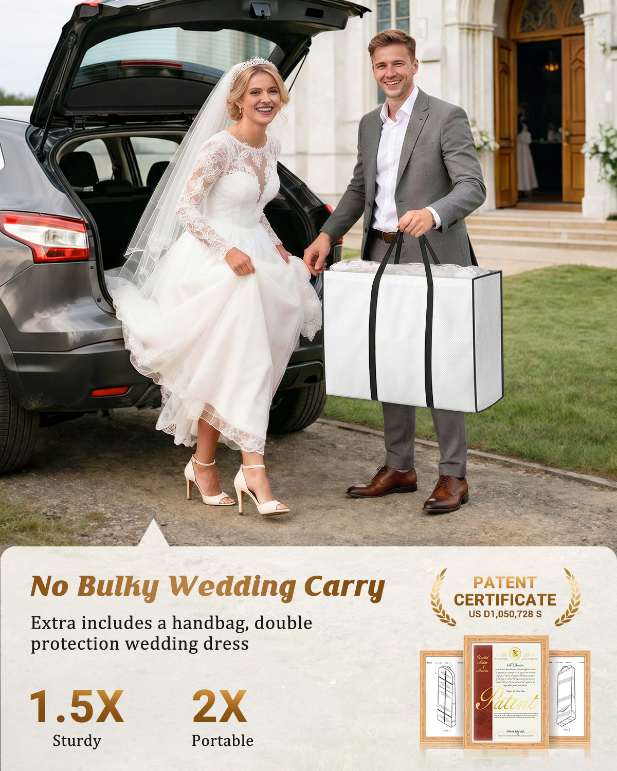 MISSLO Portable 70" Wedding Dress Garment Bag with Bride Tote Bag 8'' Gusseted Dress Bags for Gowns Long 4 Pockets Dress Cover for Women, White - Image 2
