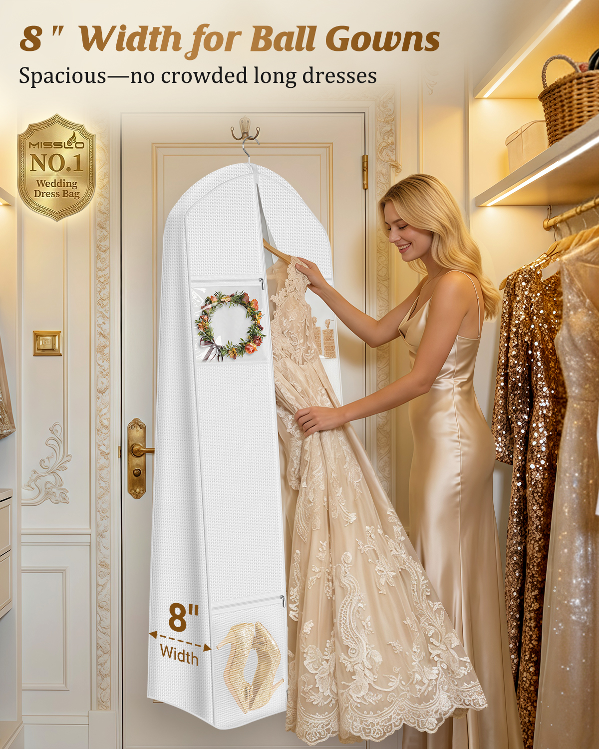 MISSLO Portable 70" Wedding Dress Garment Bag with Bride Tote Bag 8'' Gusseted Dress Bags for Gowns Long 4 Pockets Dress Cover for Women, White - Image 3