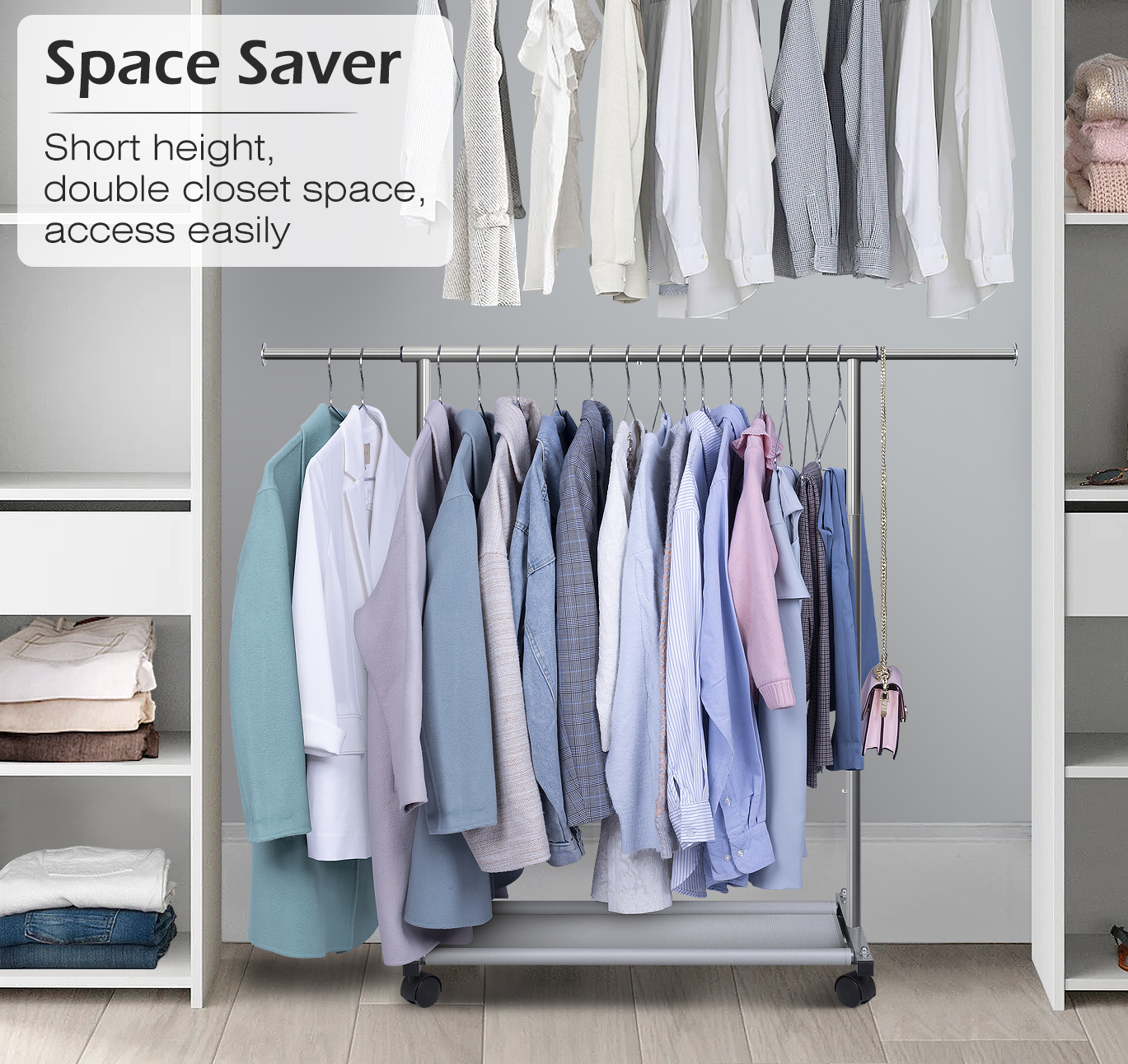 MISSLO Short Clothing Racks for Hanging Clothes with Bottom Shelves and Wheels Heavy Duty Rolling Clothes Rack Kids Clothing Rack for Adult Coat, Closet, Wardrobe (Silver) - Image 3