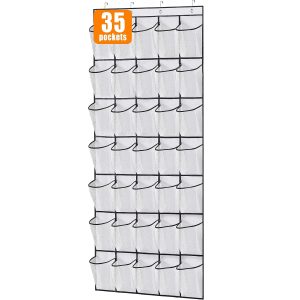 MISSLO 35 Large Pockets Over The Door Shoe Organizer Sturdy Oxford Fabric Hanging Shoe Rack for Door Mesh Closet Shoe Holder Hanger, White