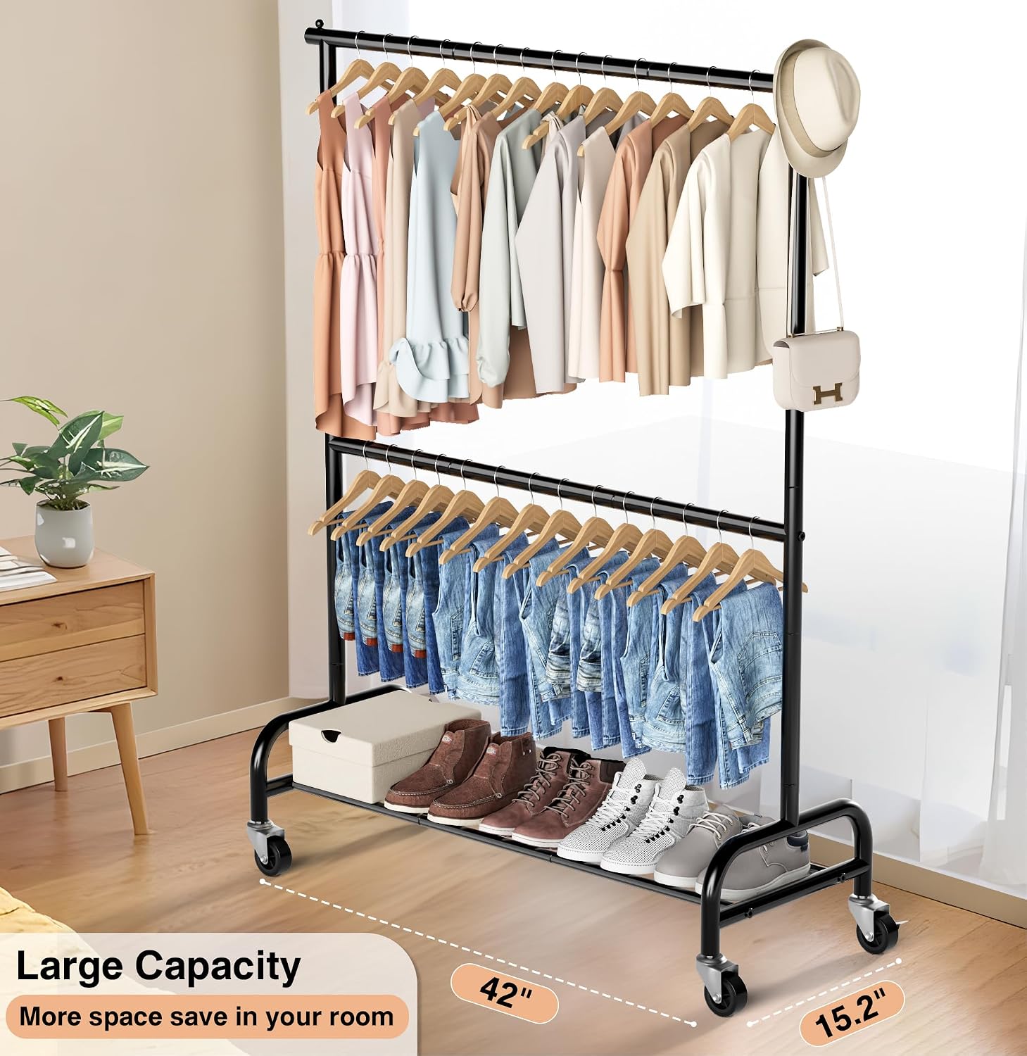 MISSLO Heavy Duty Clothing Racks for Hanging Clothes Rack Double Rod Garment Rack Rolling Closet Wardrobe Rack on Wheels, Metal, Adjustable, Black - Image 4