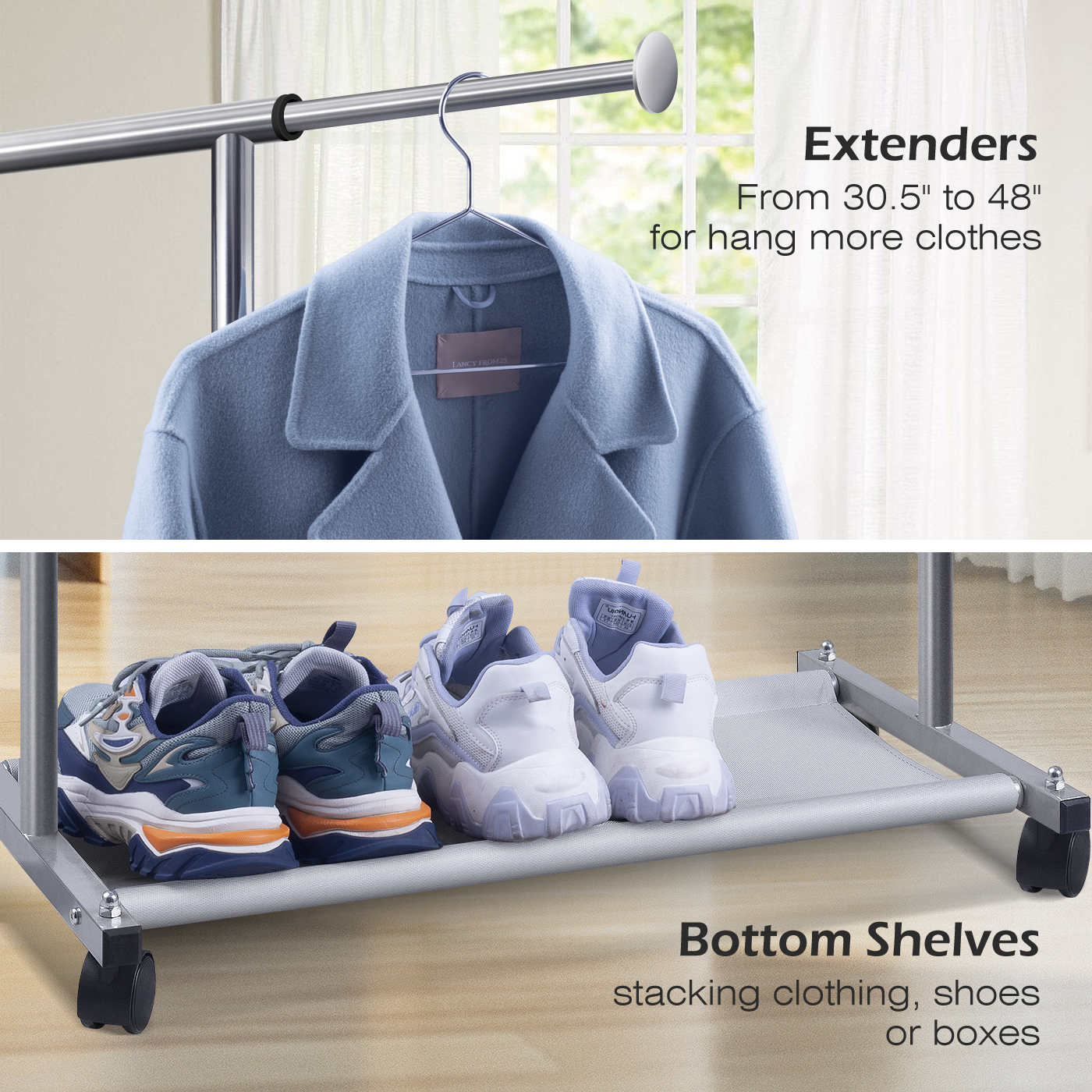 MISSLO Short Clothing Racks for Hanging Clothes with Bottom Shelves and Wheels Heavy Duty Rolling Clothes Rack Kids Clothing Rack for Adult Coat, Closet, Wardrobe (Silver) - Image 5