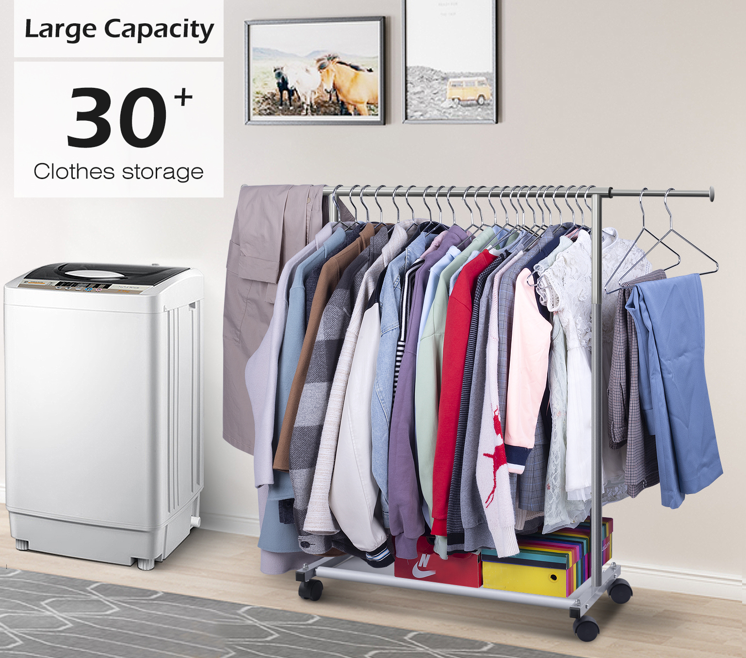 MISSLO Short Clothing Racks for Hanging Clothes with Bottom Shelves and Wheels Heavy Duty Rolling Clothes Rack Kids Clothing Rack for Adult Coat, Closet, Wardrobe (Silver) - Image 7
