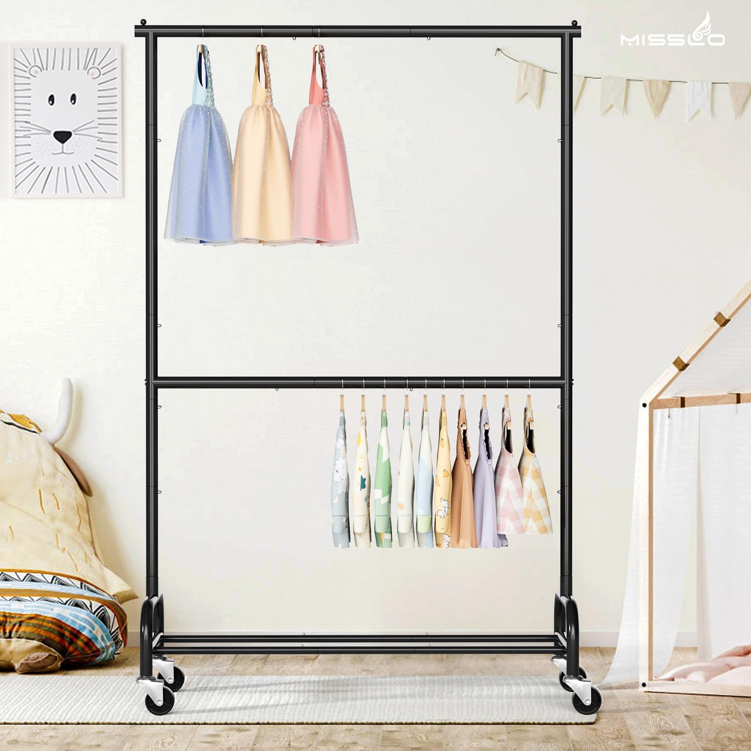 MISSLO Heavy Duty Clothing Racks for Hanging Clothes Rack Double Rod Garment Rack Rolling Closet Wardrobe Rack on Wheels, Metal, Adjustable, Black - Image 8