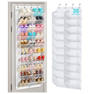 MISSLO 30 Pairs Over the Door Shoe Organizer Breathable Mesh Hanging Shoe Rack for Closet Storage with Wide Deep Pockets 10 Tier Shoes Holder Fit All the Family's Sneakers, Boots, Heels (White, 71")