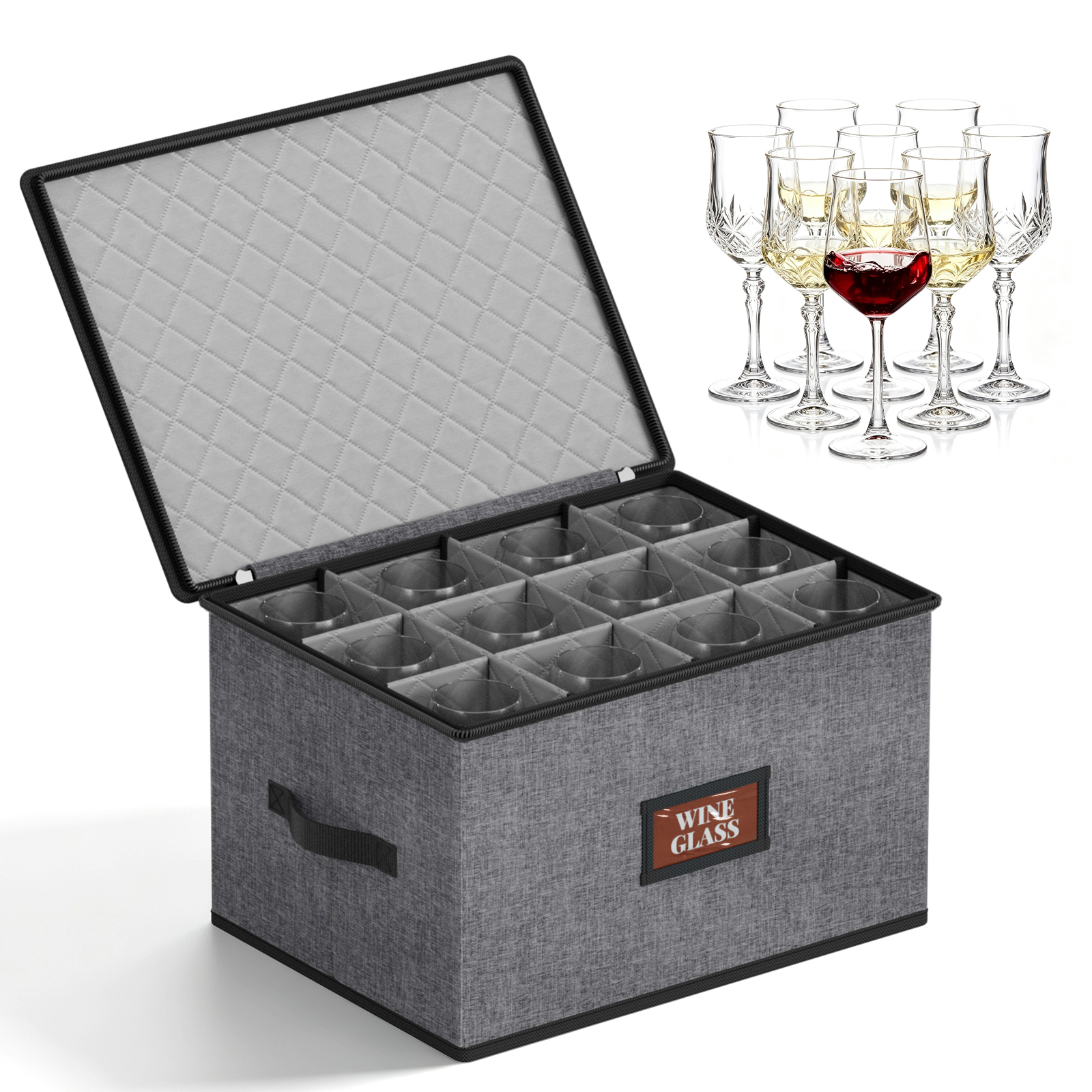 MISSLO Large Capacity China Storage Containers Hard Shell Plate Storage Containers, Kitchen Packing Moving Boxes for Dishes, Dinnerwares, Mugs Protectors (Wine Glass Storage, Grey)