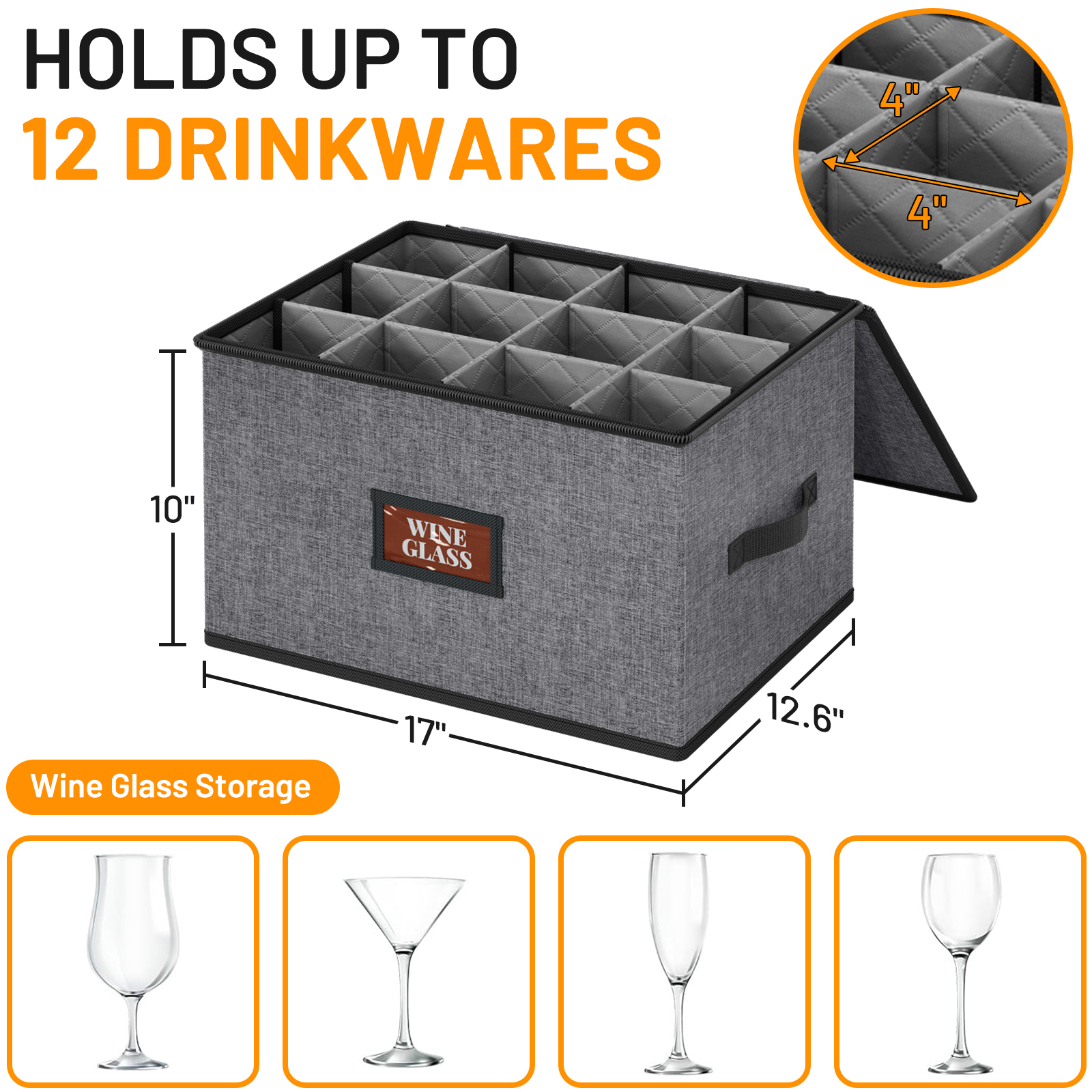 MISSLO Large Capacity China Storage Containers Hard Shell Plate Storage Containers, Kitchen Packing Moving Boxes for Dishes, Dinnerwares, Mugs Protectors (Wine Glass Storage, Grey) - Image 3