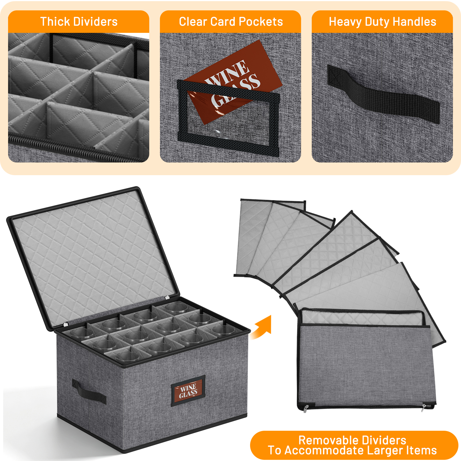 MISSLO Large Capacity China Storage Containers Hard Shell Plate Storage Containers, Kitchen Packing Moving Boxes for Dishes, Dinnerwares, Mugs Protectors (Wine Glass Storage, Grey) - Image 6