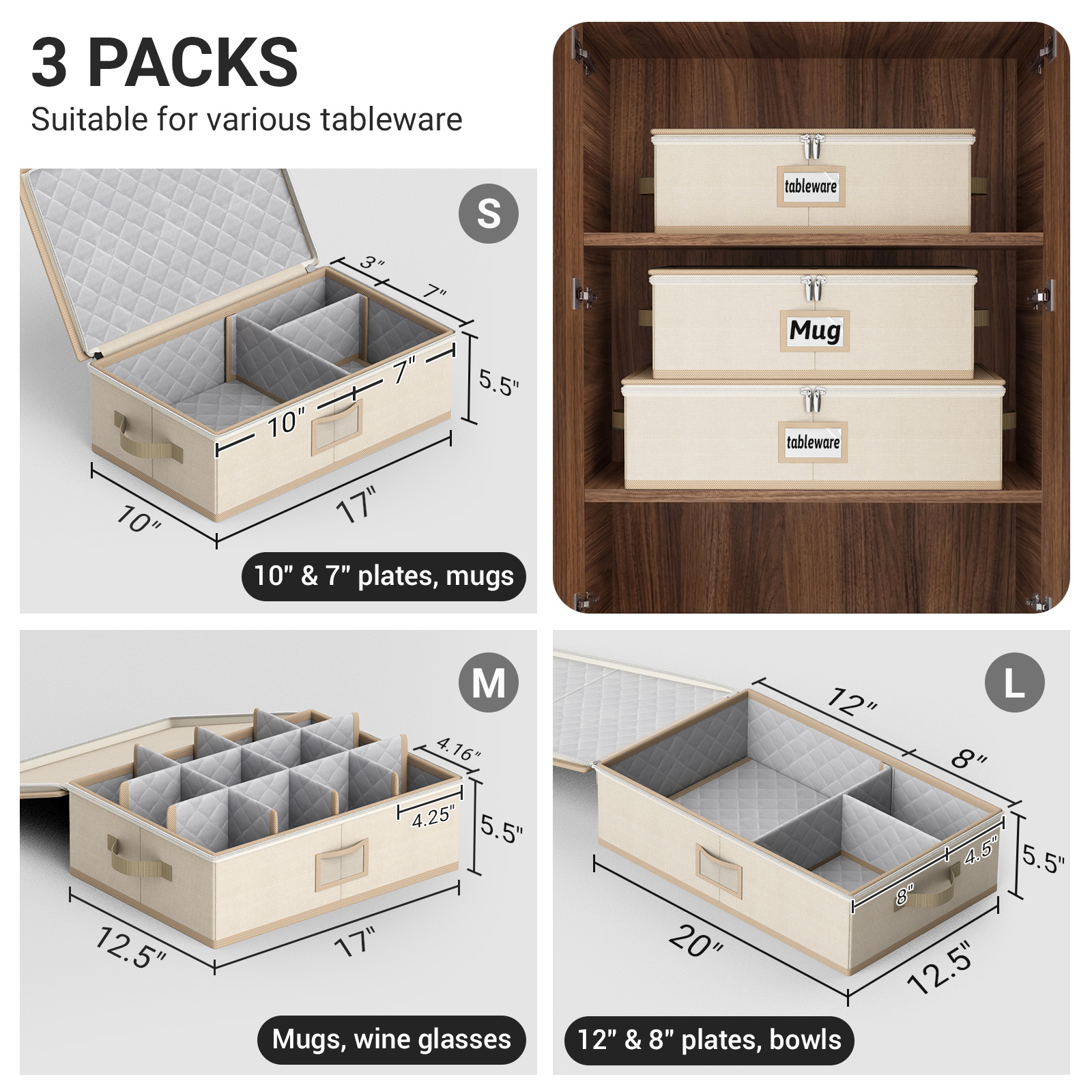 MISSLO Large Capacity China Storage Containers Hard Shell Plate Storage Containers, Kitchen Packing Moving Boxes for Dishes, Dinnerwares, Mugs Protectors, Beige, 3 Piece Set - Image 3