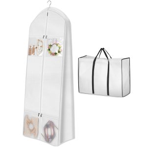 MISSLO Portable 70" Wedding Dress Garment Bag with Bride Tote Bag 8'' Gusseted Dress Bags for Gowns Long 4 Pockets Dress Cover for Women, White