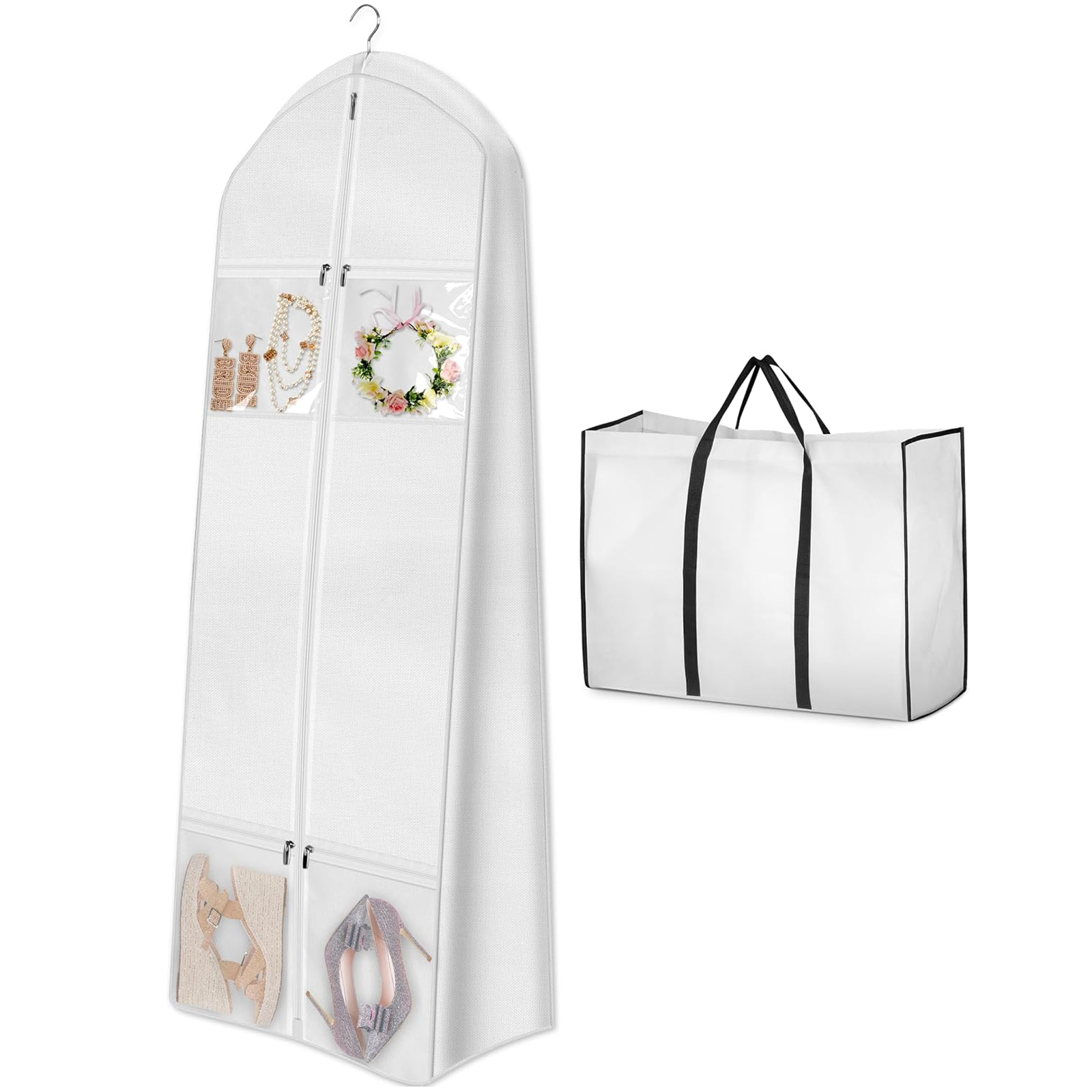 MISSLO Portable 70" Wedding Dress Garment Bag with Bride Tote Bag 8'' Gusseted Dress Bags for Gowns Long 4 Pockets Dress Cover for Women, White