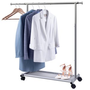 MISSLO Short Clothing Racks for Hanging Clothes with Bottom Shelves and Wheels Heavy Duty Rolling Clothes Rack Kids Clothing Rack for Adult Coat, Closet, Wardrobe (Silver)