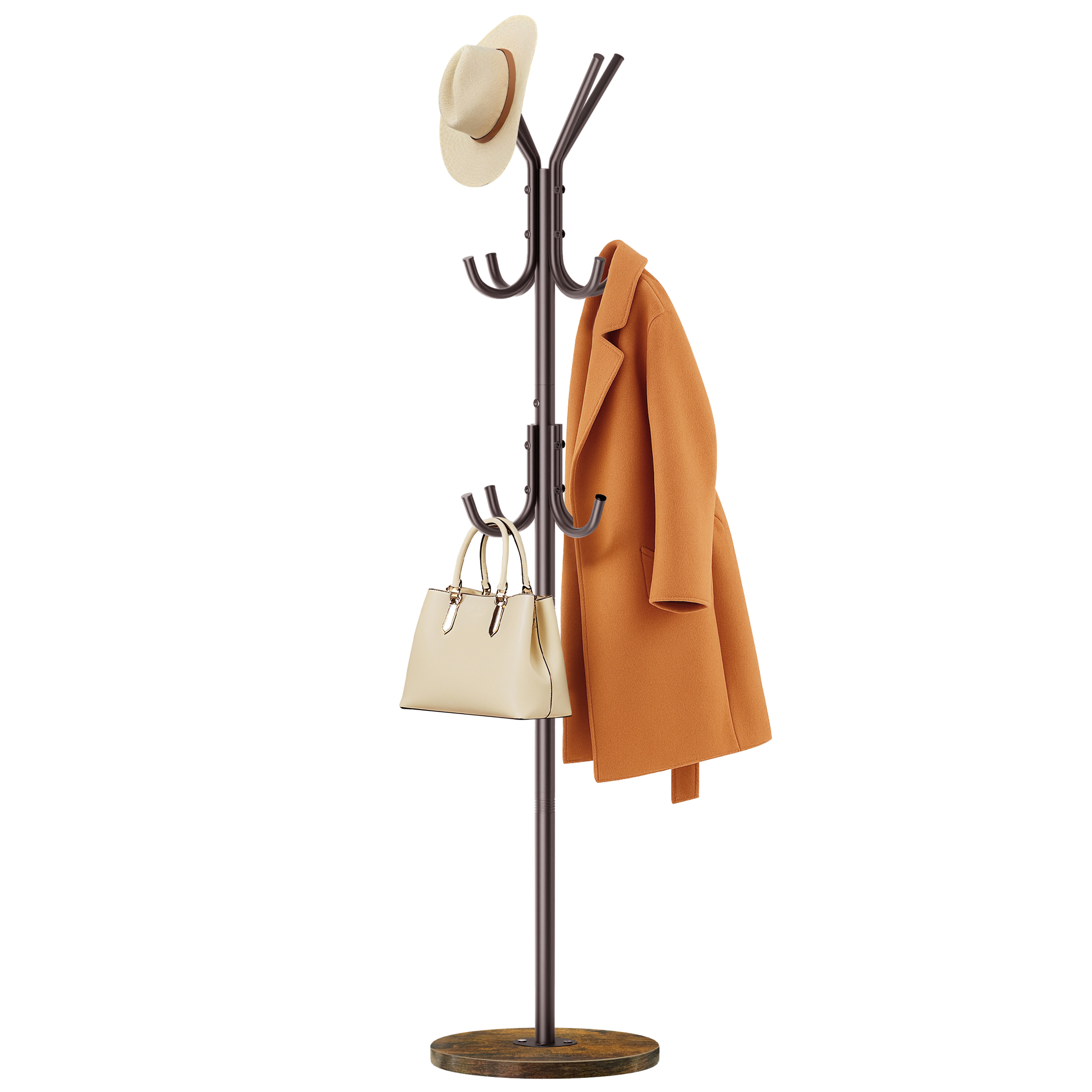 MISSLO Heavy Duty Coat Rack Freestanding with Stable Wood Base Modern Coat Tree with 12 Hooks Adjustable Coats Hanger Stand Stylish Standing Clothes Tree for Entryway Bedroom Corner Hall (Brown)