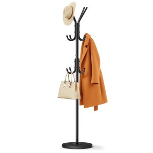 MISSLO Heavy Duty Coat Rack Freestanding with Stable Wood Base Modern Coat Tree with 12 Hooks Adjustable Coats Hanger Stand Stylish Standing Clothes Tree for Entryway Bedroom Corner Hall (Black)