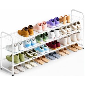 MISSLO Long Shoe Rack for Closet Metal Stackable Shoe Organizer for Closet Wide Closet Shoe Rack for Entryway Wire Shoe Storage 3 Tier Extra Large Shoes Shelf for Entryway, Closet Floor, White
