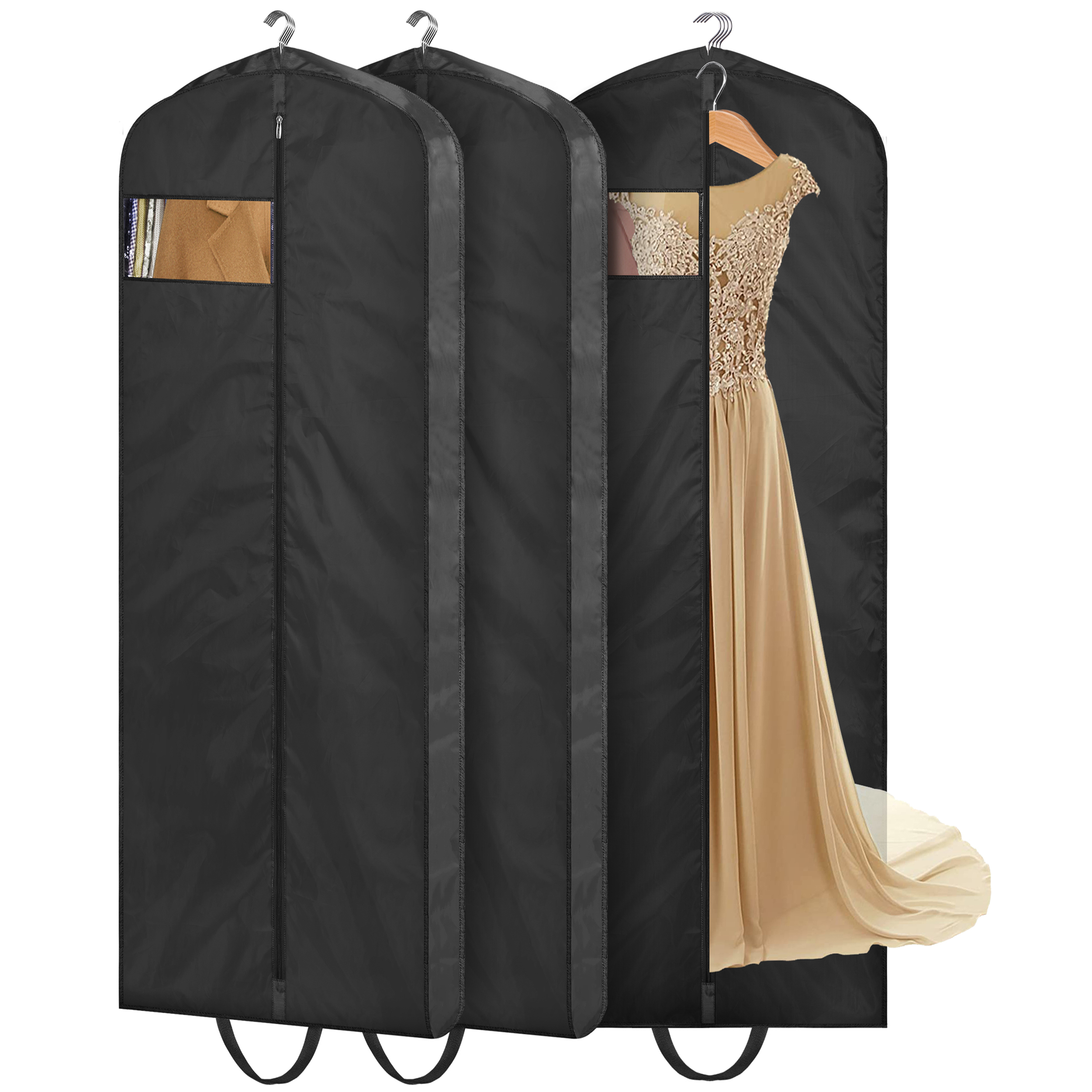 MISSLO 65" Long Garment Bags for Travel Dress Bags for Hanging Clothes Waterproof Wedding Dress Cover Traveling Clothing Protectors for Closet Storage 3-Pack for Gowns, Tuxedos, Coats, Black