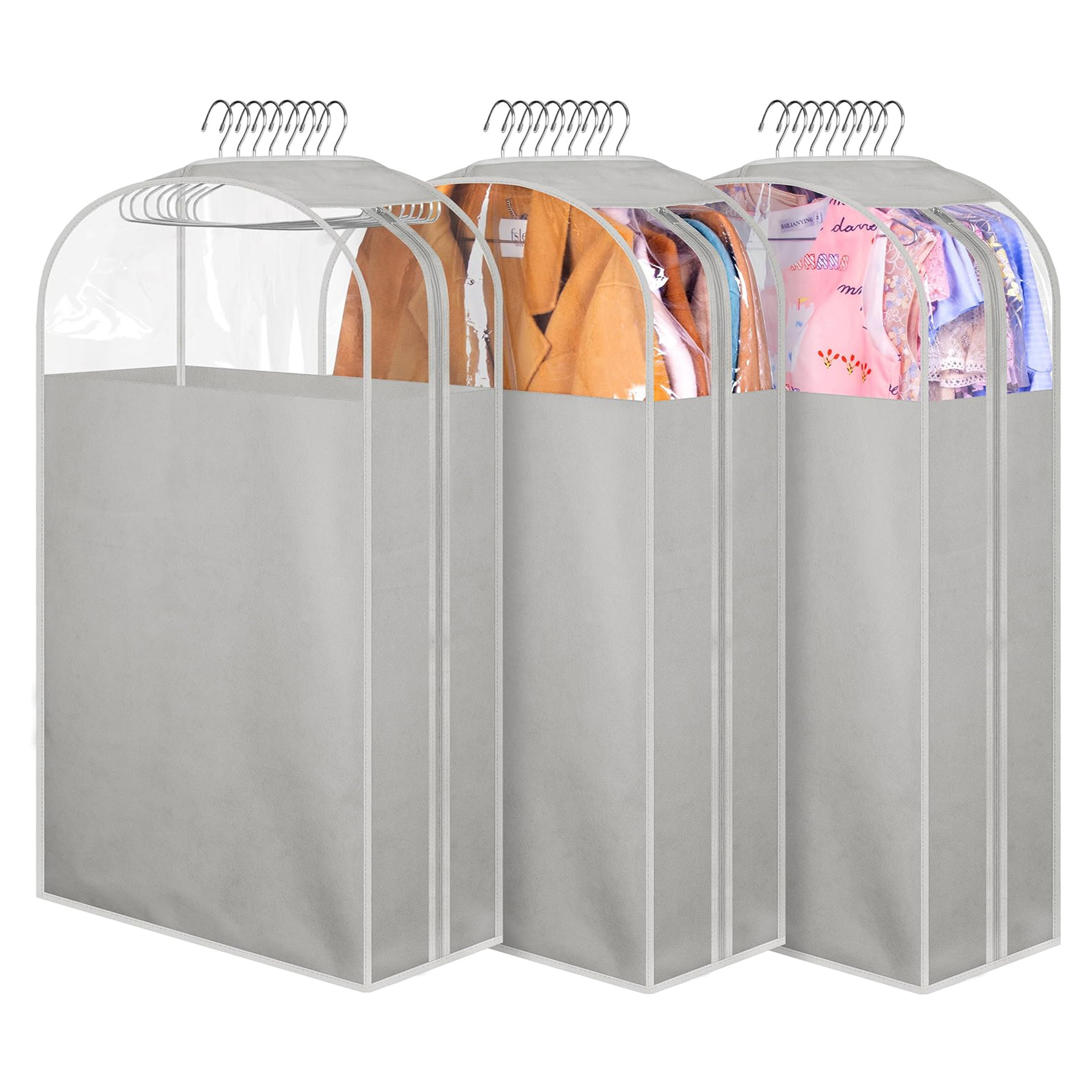MISSLO 10" Gusseted Garment Bags for Hanging Clothes 32" Suit Bags for Closet Storage Clothing Covers for Shirts, Coats, 3 Packs, Grey